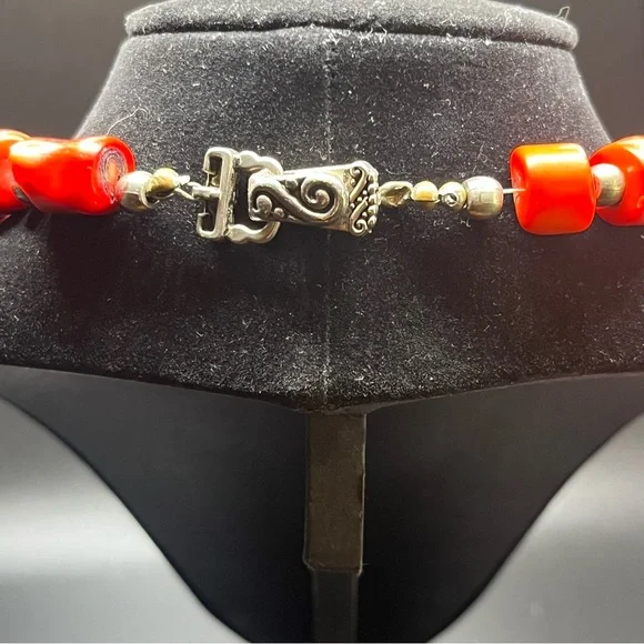 Vintage Chunky Red Bead Necklace | natural stone Tribal Style | Silver Tone - Picture 3 of 10